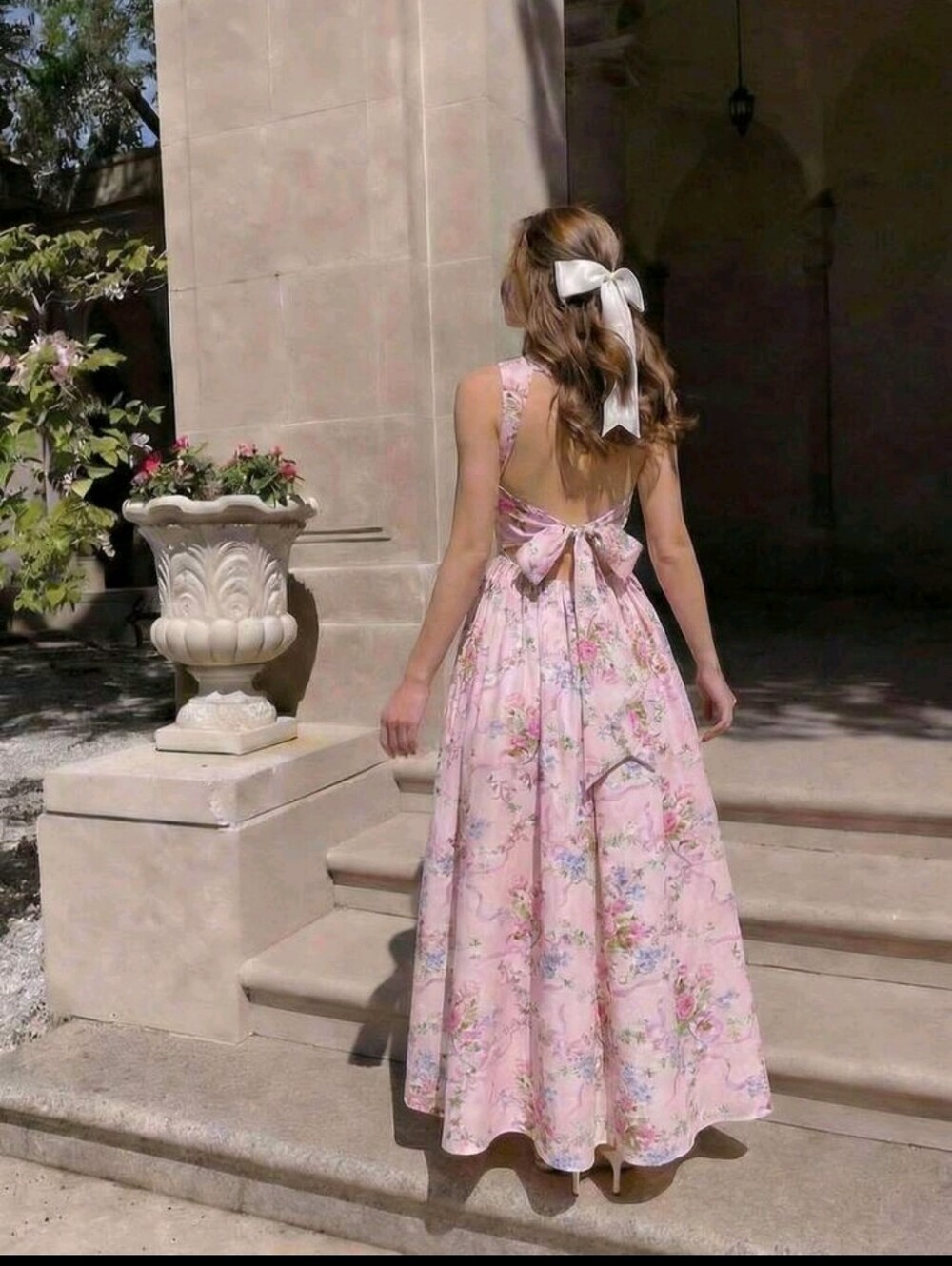 Romantic Pink Floral Back-Tie Maxi Dress